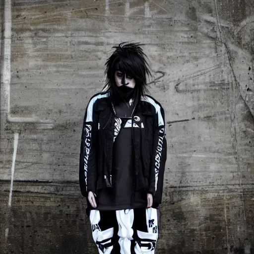 Image similar to 2000's emo scene girl in a techwear outfit, award winning photo, 8k, high quality,