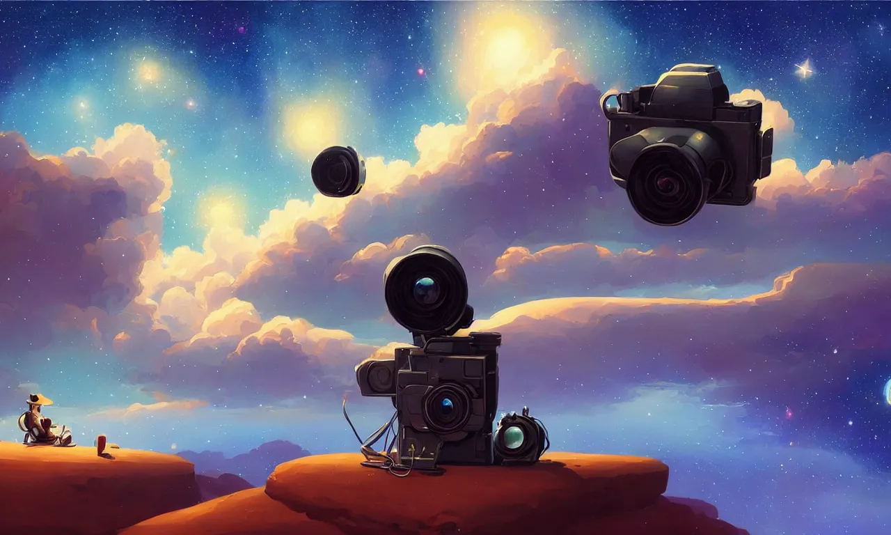 Prompt: A beautiful painting of a camera floating among stars, by RHADS, trending on Artstation