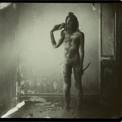 Image similar to an ancient demon-girl devouring a soul on an abandoned mad house, Colombian jungle, mist, 1910 polaroid photography, grainy film, resident evil, Black and white