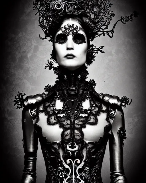 Image similar to surreal dark poetic black and white photo portrait of complex bio-mechanical beautiful young silver female vegetal-cyborg with a Mandelbrot fractal steampunk metal fine lace face, a very long neck and a fine metal floral foliage super big lace collar by Vivienne Westwood:: smoke, high fashion, haute couture, rococo, steampunk, avant-garde, silver filigree details, anatomical, facial muscles, cable wires, microchip, elegant, dreamy, foggy atmosphere, hyper realistic, 150 mm lens, soft rim light, octane render, unreal engine, picture was taken in 1910 by Man Ray, volumetric lighting, dramatic light,8k,