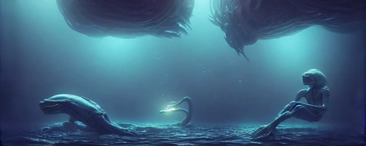 Prompt: ultra realistic horror photo of a dimly lit alien creature underwater, very intricate details, focus, full frame image, artwork by tooth wu and wlop and beeple and greg rutkowski, award winning