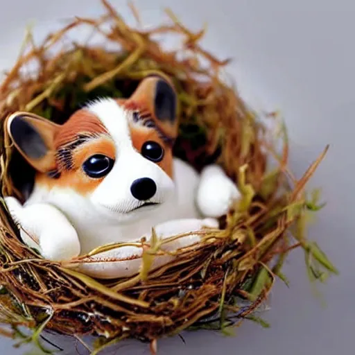 Image similar to a baby corgi emerging from an egg in a nest, photography, photorealistic