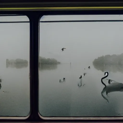 Prompt: Inside the train, some people are sitting, the train is sailing on the water, the windows are fluttering with transparent gauze curtains, the sun shines in, there is a foggy layer around, and there are swans on the water, indoor scene