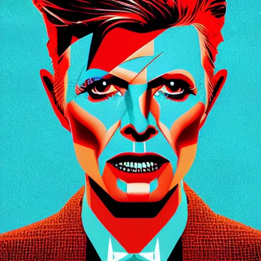 Prompt: individual david bowie portrait fallout 7 6 retro futurist illustration art by beeple, sticker, colorful, illustration, highly detailed, simple, smooth and clean vector curves, no jagged lines, vector art, smooth andy warhol style