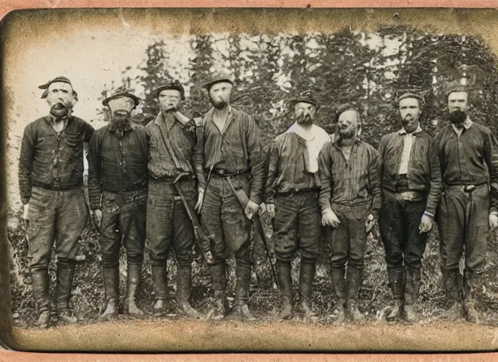 Prompt: tintype photo of a group of men after a successful hunt in the forest, standing over a deceased sasquatch