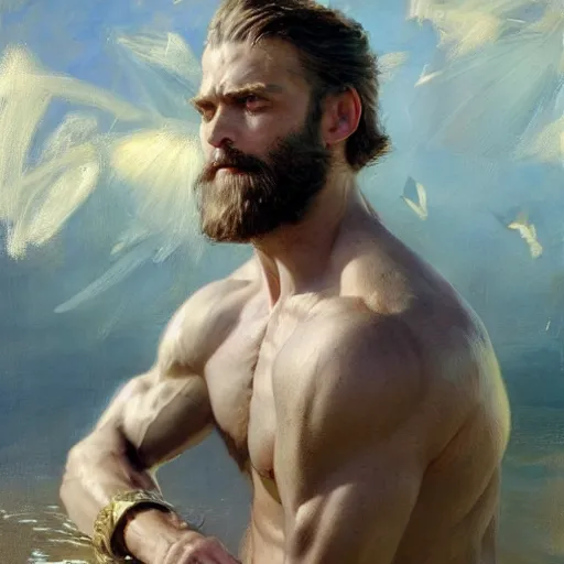 Prompt: detailed cinematic wide shot of sea captain muscular attractive masculine man beard slim face symettrical face clean skin blue eyes white hair, ultra realistic, spring light, painting by gaston bussiere, craig mullins, j. c. leyendecker