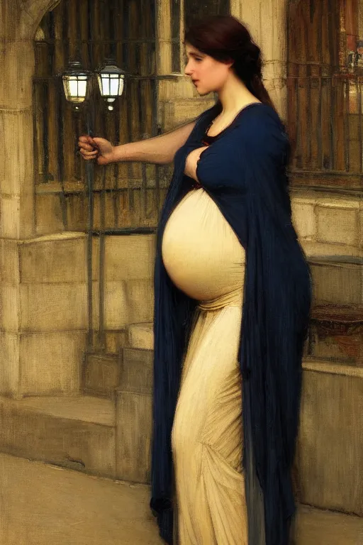 Image similar to pregnant woman under street light by john william waterhouse and Edwin Longsden Long and Theodore Ralli and Nasreddine Dinet, oil on canvas. Cinematic, hyper realism, dramatic lighting, high detail 4k