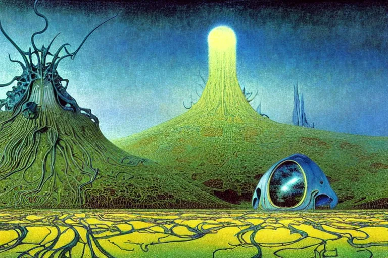 Image similar to realistic detailed landscape painting a single house in a plain field, single ufo in the sky, futuristic sci-fi forest on background by Jean Delville, Amano, Yves Tanguy, Alphonse Mucha, Ernst Haeckel, Edward Robert Hughes, Roger Dean, rich moody colours, blue eyes