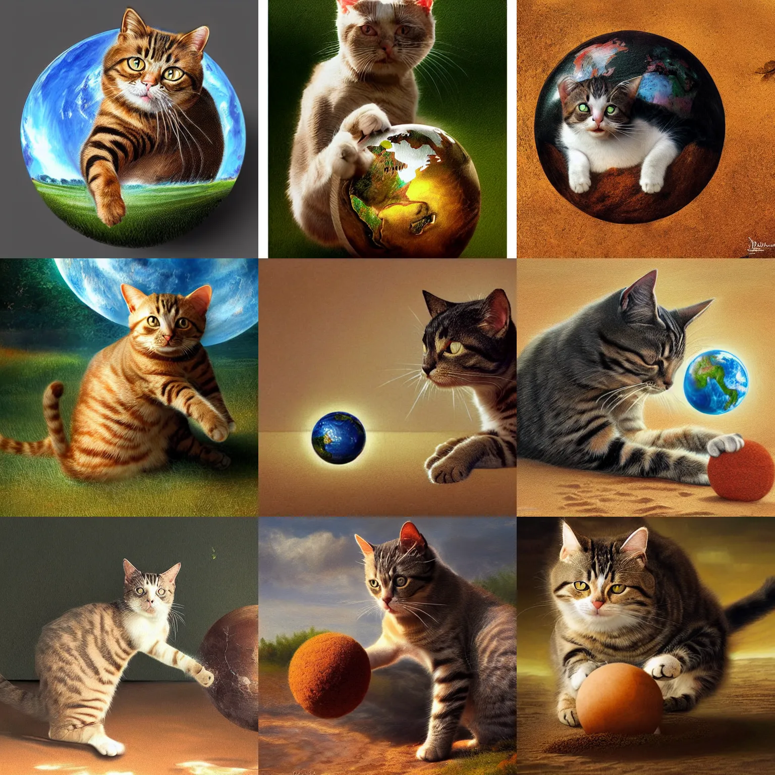 Prompt: a cat playing with the Earth like a ball, realistic painting, classical painting, high definition, digital art, matte painting, very detailed, realistic