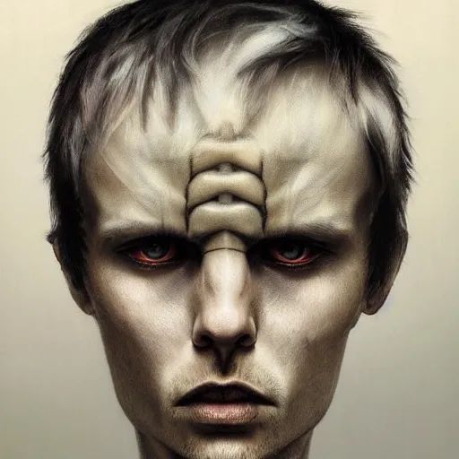 Image similar to surreal portrait of a man by Greg Rutkowski and H.R Giger, symmetrical face, he is about 30 years old, west slav features, short blonde hair with bangs, attractive, smart looking, slim, somewhat androgenic, transformed into a kind of biomechanical transhuman angel, disturbing, terrifying but fascinating, with a determined and sinister expression on his face, cosmic void background, frightening, fascinating, highly detailed portrait, digital painting, book cover, artstation, concept art, smooth, sharp foccus ilustration, Artstation HQ