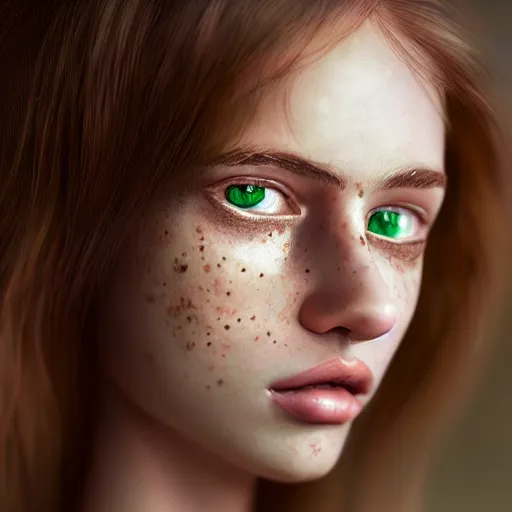 Image similar to intricate crisp portrait of a cute thin young woman, light bronze brown hair, very detailed emerald green eyes, red blush, light freckles, soft smile, casual clothes, relaxing on the couch, home interior, golden hour, close up shot, 8 k, hyperreal art by irakli nadar, hyperrealism, hyperdetailed, ultra realistic