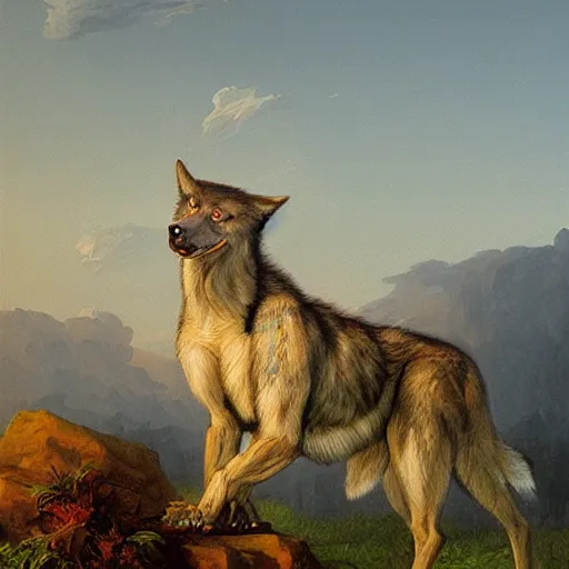 Prompt: a painting by Thomas Cole of a werewolf anthro wolf, alternative reality mirrors, highly detailed 3d rendering from 1996