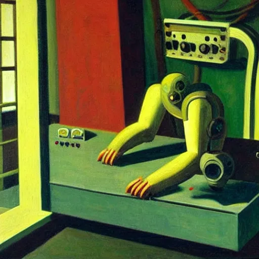 Prompt: mad scientist at a control panel programming a wacky robot in a gyroscope, grant wood, pj crook, edward hopper, oil on canvas