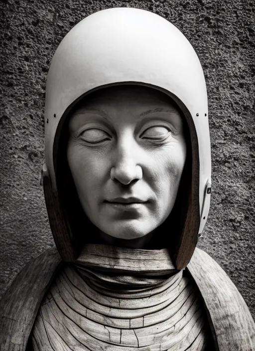 Prompt: realistic photo portrait of a a medieval wooden sculpture of a female monk dressed wearing in white spherical hat helmet made of wood, sci - fi, greyscale 1 9 9 0, life magazine photo, natural colors,