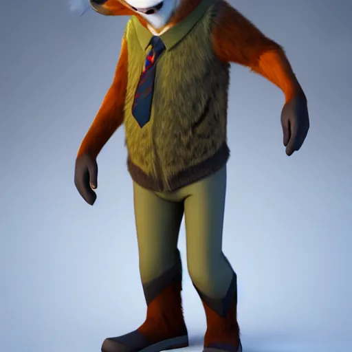 Image similar to portrait, 3d render , anthropomorphic wolf male , wearing a knee length brown jacket , in the style of Zootopia