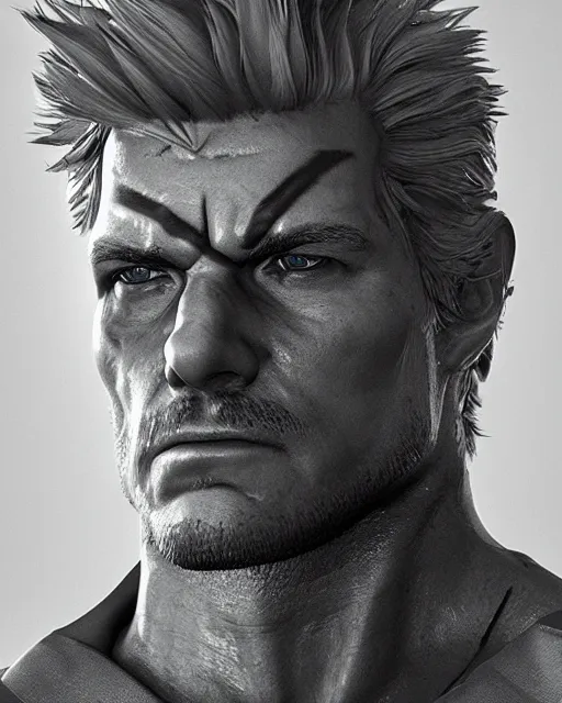Image similar to solid snake bust portrait, cinematic lighting, backlit face, tired expression, close - up, black atmospheric background, 4 k ultra detailed photorealistic render, best of artstation hdr, redshift houdini