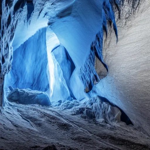 Prompt: deep dark glacier cave, faint blue glow,