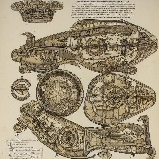 Image similar to detailed, intricate technical drawings on parchment from 1 8 4 0, with labels and notes, for a beautiful, symmetric, art deco submarine cutaway, by ron cobb and alphonse mucha