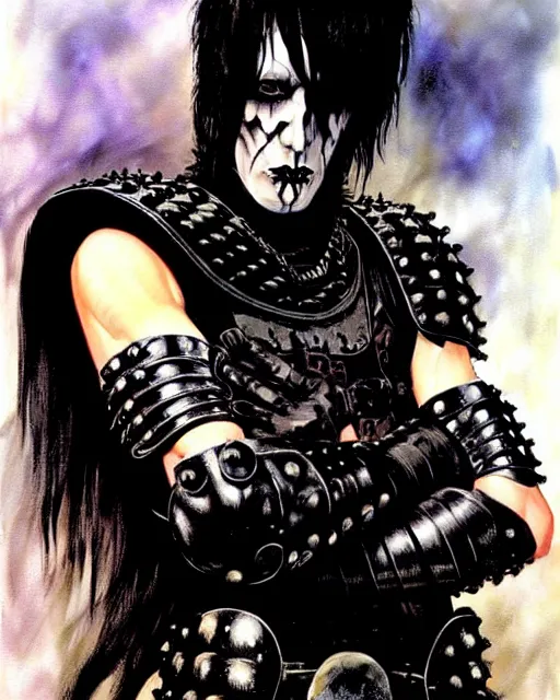 Image similar to portrait of a skinny goth punk keany reeves wearing armor by simon bisley, john blance, frank frazetta