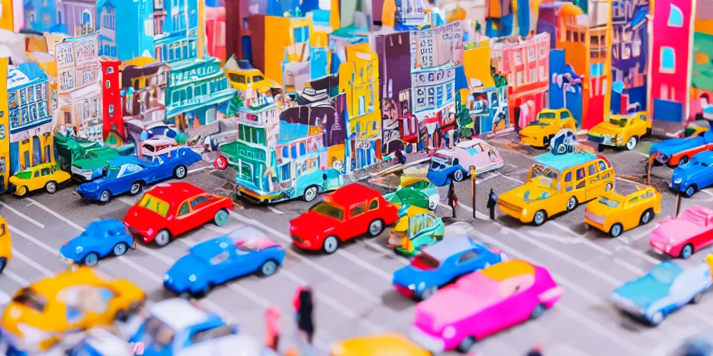 Image similar to paper craft diorama of a colorful city with people and cars