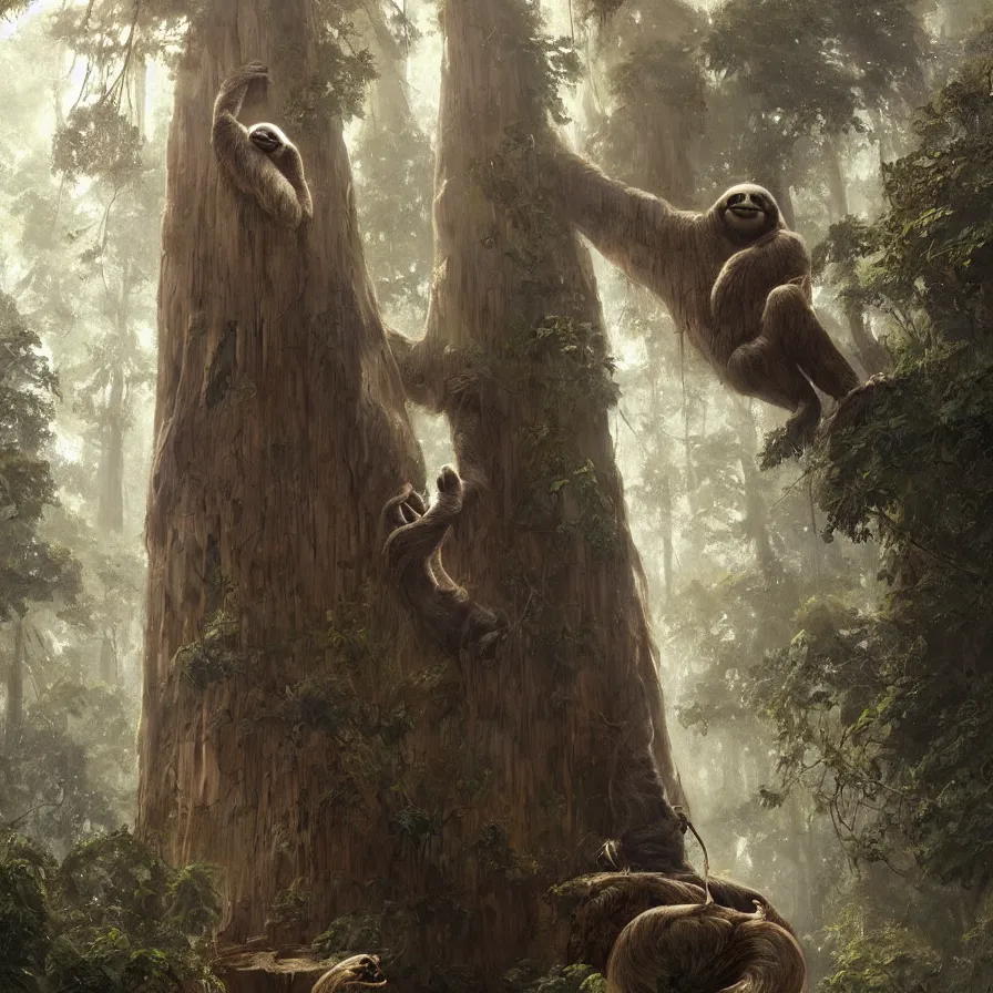 Prompt: colossal sloth hanging from a giant redwood tree, high detail, dramatic light, digital art, painted by greg rutkowski, painted by seb mckinnon, trending on artstation