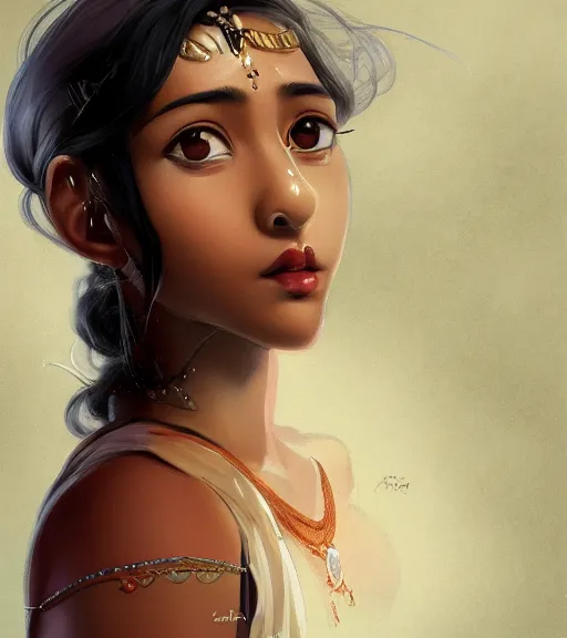 Prompt: character design of anthy himemiya as a college student with black hair, glowing brown skin, delicate features, bollywood starlet, fantasy, small mouth, quiet beauty, intricate, elegant, dress shirt, highly detailed, digital painting, artstation, concept art, smooth, sharp focus, illustration, art by Krenz Cushart and Artem Demura and alphonse mucha