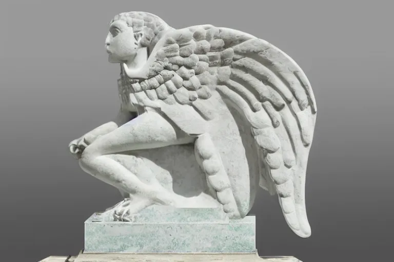 Prompt: white marble in shape of a winged sphinx on a pedestal was of bronze and was thick with verdigris the face was towards camera with a faint shadow of a smile on the lips and it was greatly weather-worn, medium format film color photography