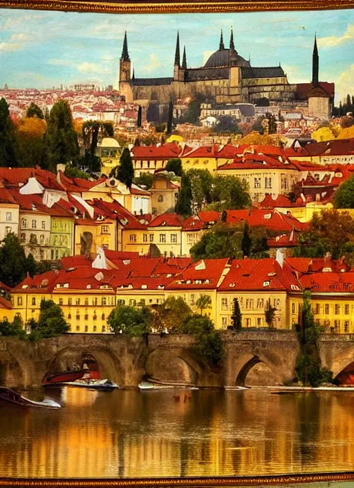 Prompt: old master painting of beautiful shot of Royal medieval European city like Prague mixed with Istanbul like Islamic architecture with greenery all around , autumn colors