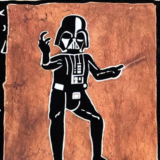 Image similar to Cave painting of Darth Vader fighting