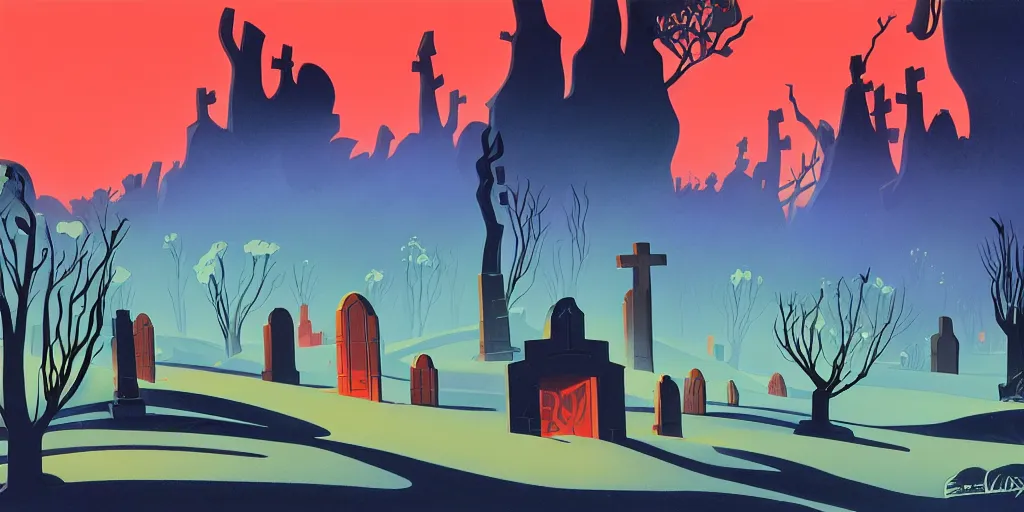 Prompt: graveyard, gouache, animated film, stylised, illustration, by eyvind earle, scott wills, genndy tartakovski, syd mead