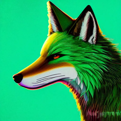 Prompt: digital green fox, retrowave palette, digital world, highly detailed, electric breeze, anatomically correct green vulpine, synth feel, fluffy face, ear floof, flowing fur, super realism, accurate animal imagery, 4 k digital art