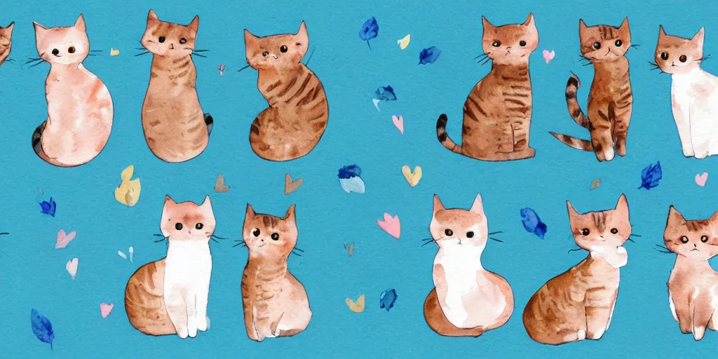 Image similar to watercolor illustration style, group of cute cats with blue wings