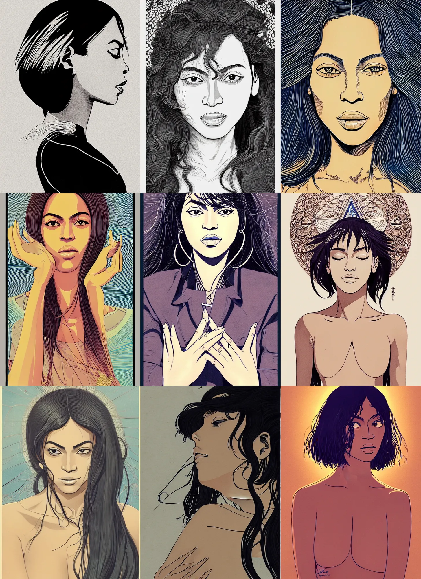 Prompt: un dia de paz! beyonce, arte koto no ha no niwa, makoto shinkai, moebius, milo manara, hugo pratt, french comic art, semi - realistic anime, portrait, beautiful face, symmetrical face, trending on pixiv, detailed, clean lines, sharp lines, crisp lines, award winning illustration, masterpiece, 4 k