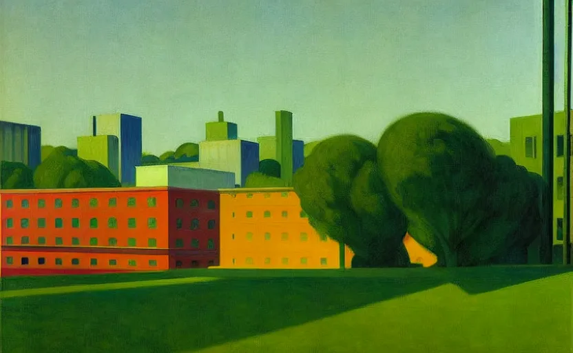 Prompt: geometric painting of industrial buildings surrounded by undergrowth by edward hopper