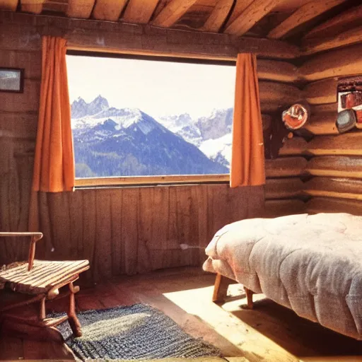 Image similar to a 3 5 mm kodachrome photo of a cozy cabin in the swiss alps in the 1 9 5 0's