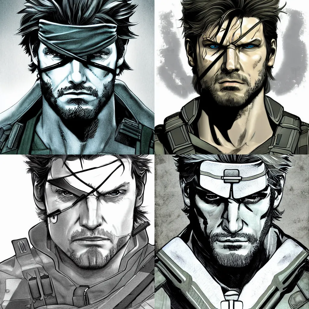 Prompt: portrait of Solid Snake from Metal Gear Solid, digital art, highly detailed, comic book illustration, by John Kirby