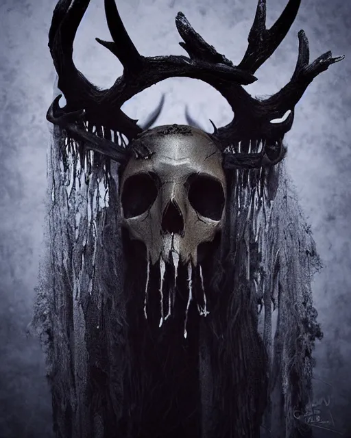 Image similar to deer - skull ghost - spirit of the grim - warpaint wears the scarlet skull armor and native blood headdress antlers, midnight fog - mist!, cinematic lighting, various refining methods, micro macro autofocus, ultra definition, award winning photo, photograph by ghostwave - gammell - giger - shadowlord