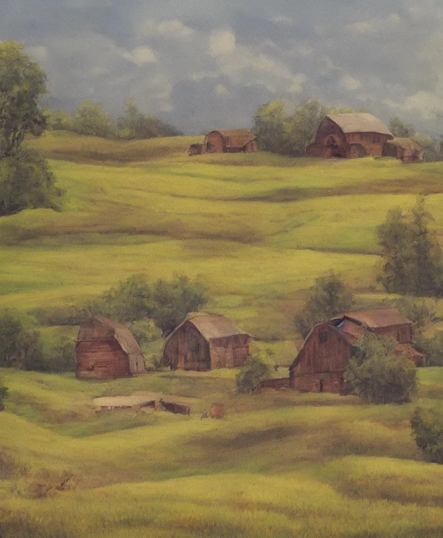 Prompt: a dreamlike painting of a rustic, calm, peaceful countryside with a single barn