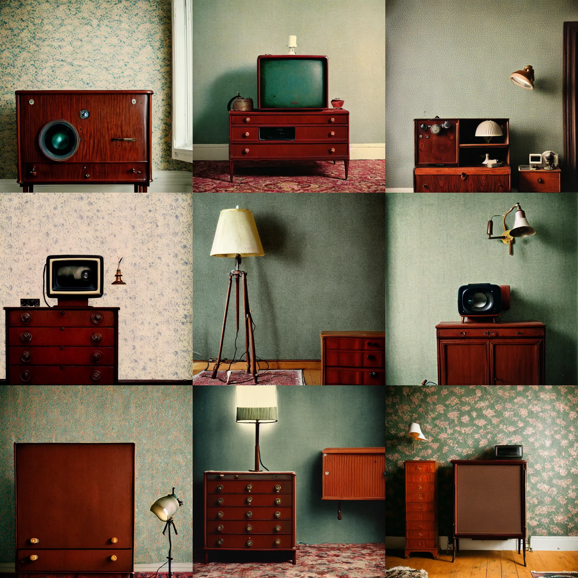 Prompt: kodak portra 4 0 0, wetplate, portrait photo by britt marling, 1 9 2 0 s room, 1 9 2 0 s furniture, wallpaper, carpet, shining lamp, a giant vintage television, muted colours, blueberry, wood, fog,