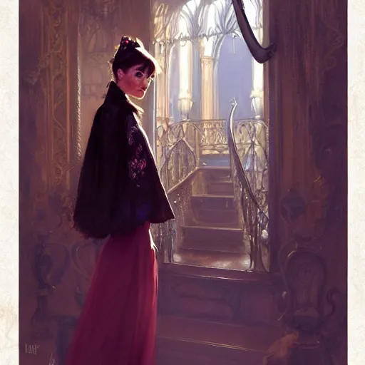 Prompt: audrey hepburn inside haunted mansion, various scenarios, looking for the way out, ghosts around, highly detailed, digital painting, artstation, art by gaston bussiere, greg rutkowski, j. c. leyendecker, robert hubert