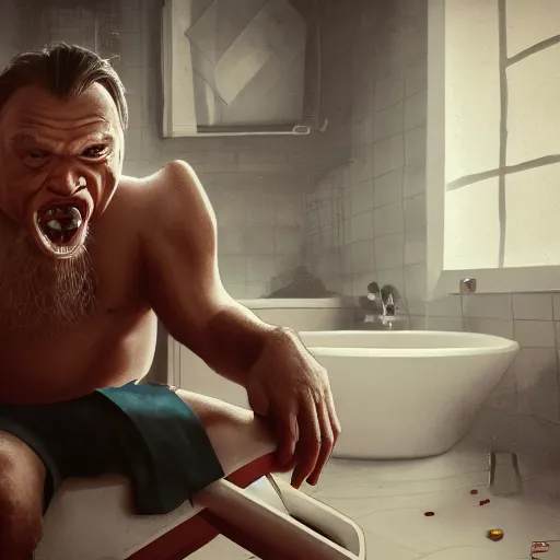 Prompt: viktor orban with detailed eyes, sitting on the toilet and eating bacon by greg rutkowski, highly detailed, octane render, 4 k, 8 k, hdr, cgsociety, amazing lightning, masterpiece