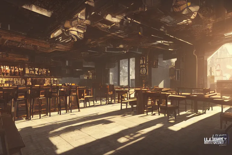 Image similar to ultra mega super hyper realistic Digital concept interior design of cyberpunk tavern. Natural white sunlight from the transperient roof. Rendered in VRAY and DaVinci Resolve and MAXWELL and LUMION 3D, Volumetric natural light