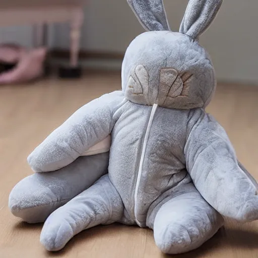 Image similar to a cute plush toy made to look like a sleeping baby wearing a grey fluffy bunny sleep suit