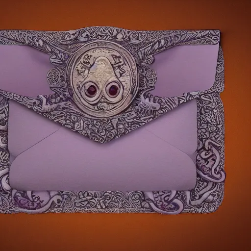 Prompt: close - up lilac envelope letter stamped with a wax seal with an octopus emblem, intricate hyper detailed ultra sharp, sharp focus, global illumination, painting, museum, masterpiece, vermeer, radiant light, alexandre ferra, irakli nadar, octane render, unreal engine, 4 k, ultra hd,