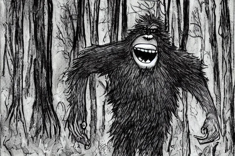 Image similar to mad bigfoot screaming in the woods artwork by ben templesmith