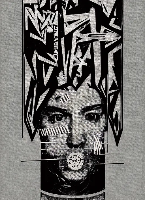 Prompt: a portrait of a poster for a warehouse dance music techno party with bold graphic design and unique fonts using very bold imagery and unique typesetting, risograph by meindl taxer, safehavenhq, ghost _ _ hardware, alix perez and eprom, streetwear graphic design, 4 k hd, artstation