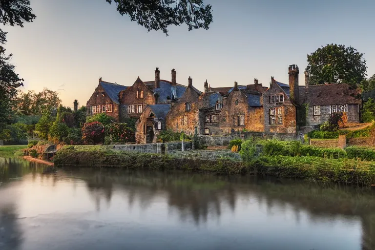 Prompt: landscape photography, realistic photo of a tudor style detached house, a river flowing through the scene, arched bridge, riverboat in the foreground, dusk