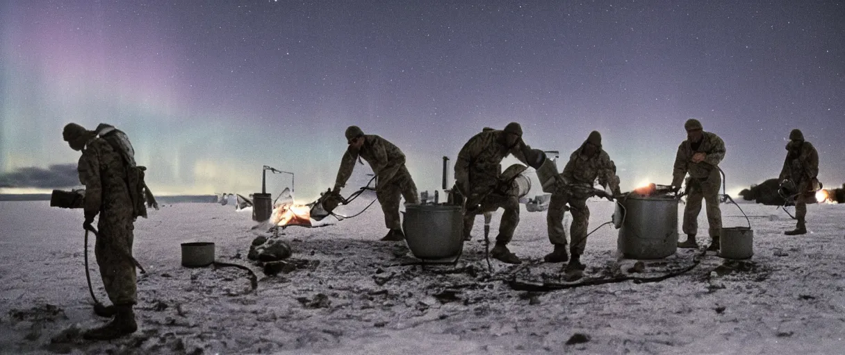 Image similar to a high quality color creepy atmospheric dimly lit closeup film 3 5 mm depth of field photograph of us soldiers pouring cans of gasoline along the perimeter of homes in mcmurdoch station in antarctica in 1 9 8 2 with the aurora borealis in the sky at night