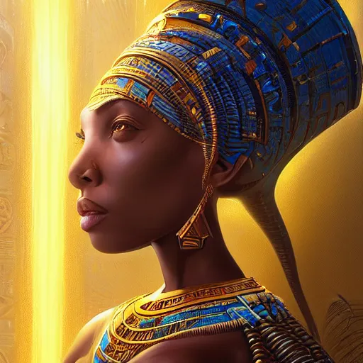 Image similar to highly detailed portrait of an african egyptian goddess, intricate alien technology, stephen bliss, unreal engine, fantasy art by greg rutkowski, loish, rhads, ferdinand knab, makoto shinkai and lois van baarle, ilya kuvshinov, rossdraws, tom bagshaw, global illumination, radiant light, detailed and intricate environment