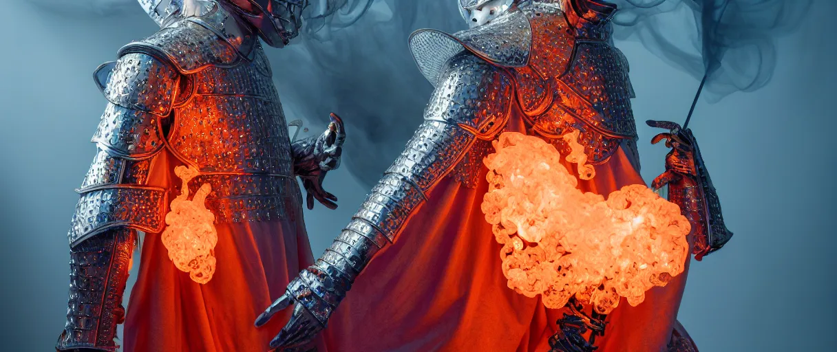 Image similar to hyperrealist highly detailed english medieval portrait of high fashion archangel wearing flame fire smoke flame armor, radiating atomic neon corals, veiny network growth with ghostly ghost translucent ghost armor, concept art pascal blanche dramatic studio lighting 8k wide angle shallow depth of field